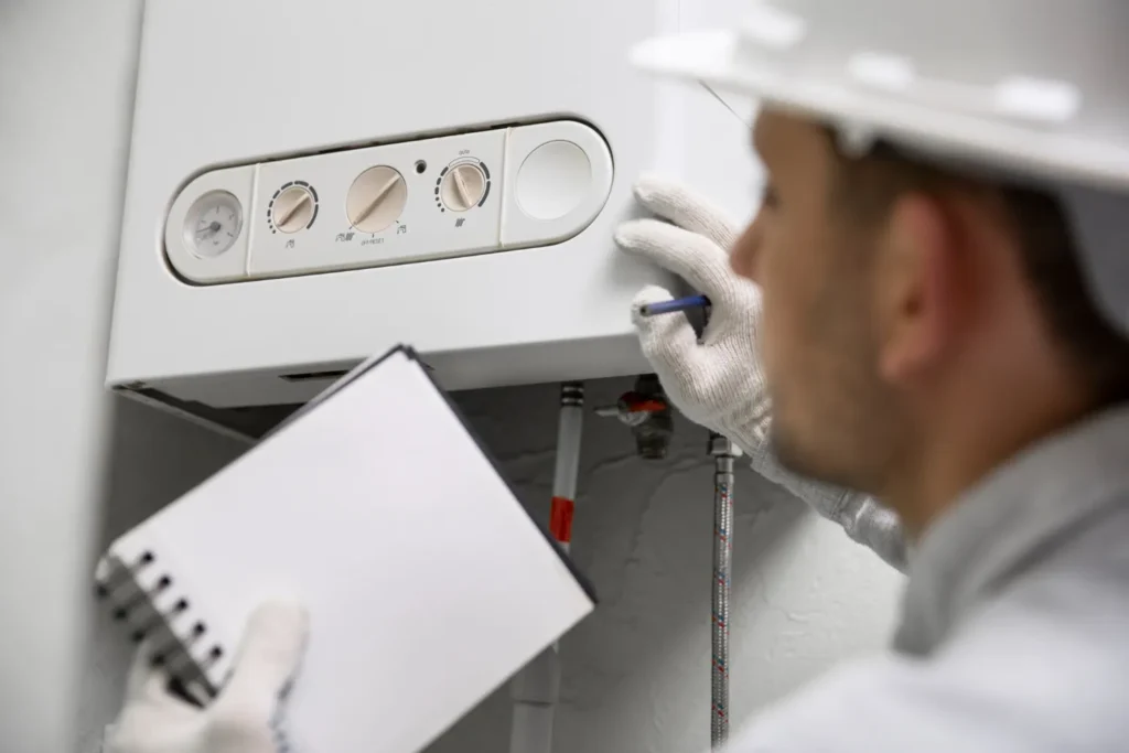 A technician inspects a water heater system